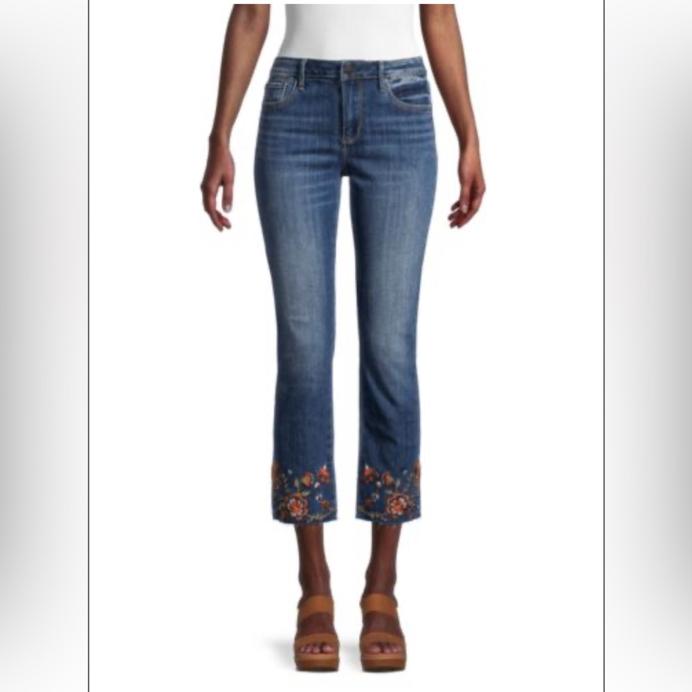 Driftwood Colette Floral-Embroidered Jeans Raw Hem Sz 25X26